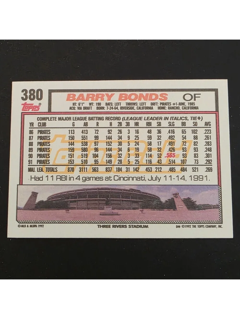1992 Topps - Barry Bonds #380 Gold